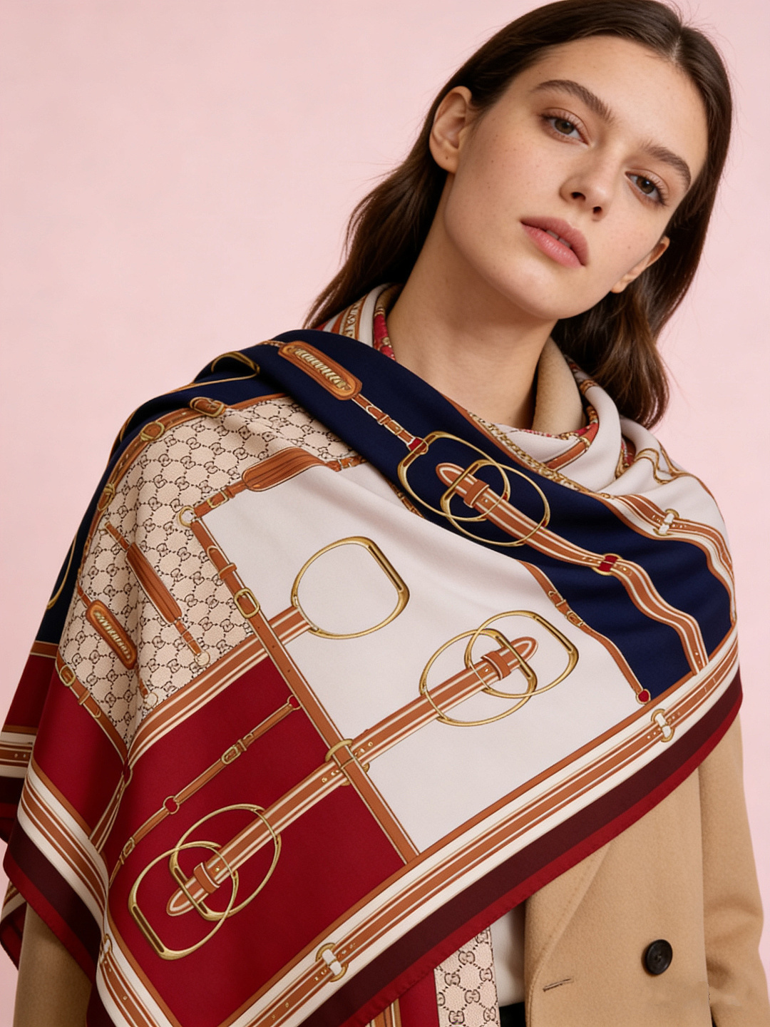 Gucci新款方巾 品牌典藏图案在与全新醒目印花的衬托下熠熠生辉。这款方巾匠心缀饰动物和花卉印花，彰显G