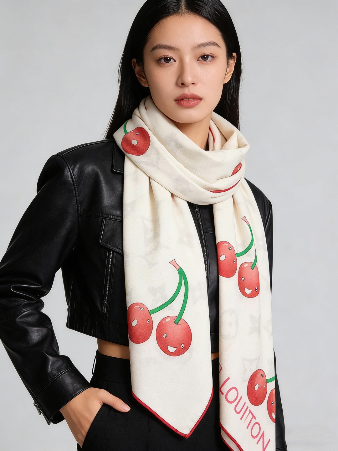 NO:821603,LV  30% silk 70% cashmere Inkjet printing Monogram pattern Cherry pattern Louis Vuitton logo high version scarf, high version scarf, louis vuitton, louis vuitton, real silk19860909LV X TM MONOGRAM CERISE 140丝绒方巾【140双面丝绒同色】 LV × TM Monogram Cerise 方巾出自路易威登x村上隆复刻系列,为华美丝毛点缀Monogram 图案,再以日本艺术家笔下的灵动樱桃元素注入清新活力.无论单独佩戴或搭配同系列其他单品,均可展露瞩目风采. 140*140厘米（长度×高） 30真丝70羊绒 喷墨印制 Monogram 图案 樱桃图案 路易威登标识高版本围巾,高版本围巾,louis vuitton,louis vuitton,real silk,scarf