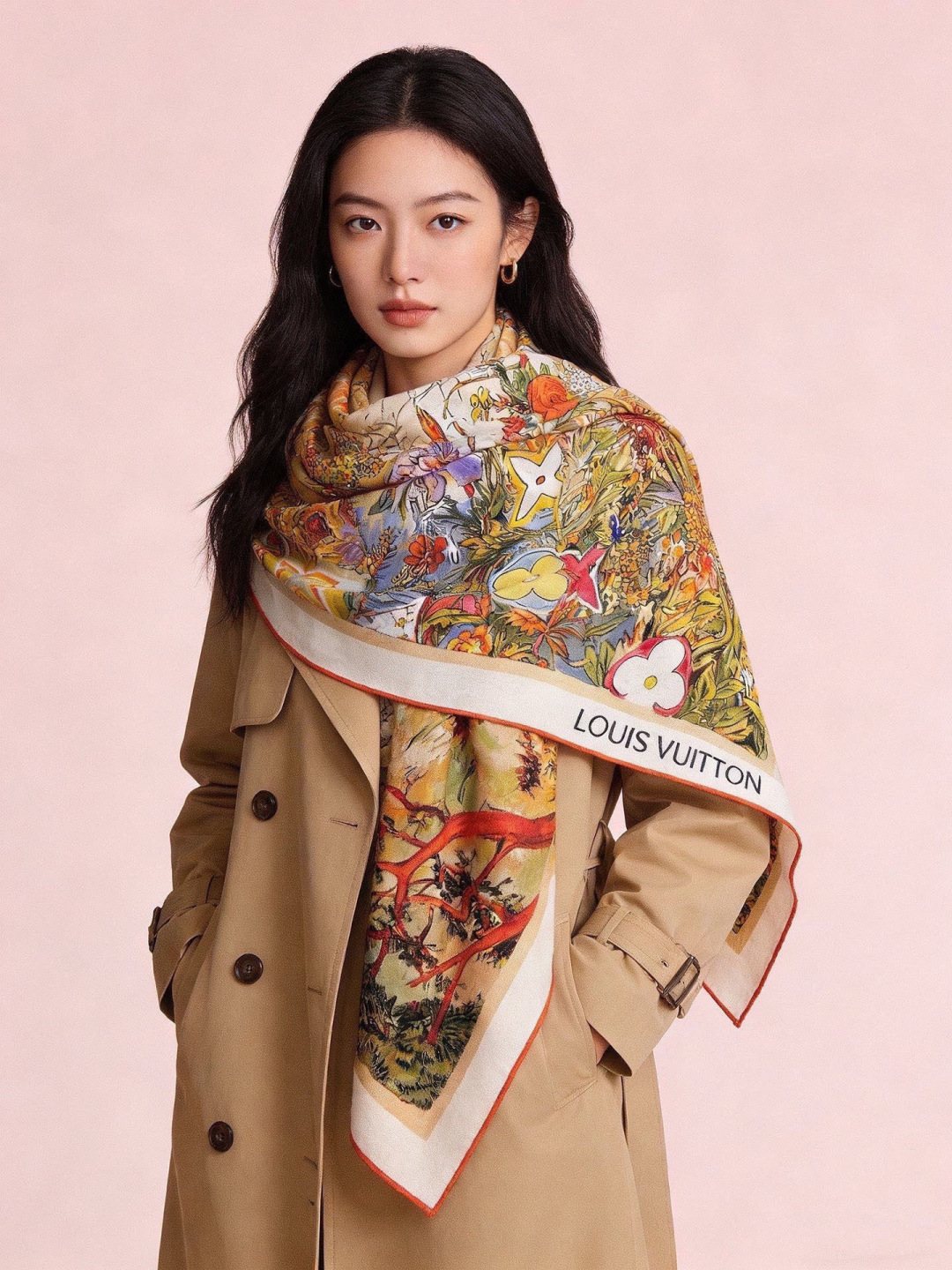 140双面丝绒披肩… LV手工卷边丝绒方巾（30%桑蚕丝70%羊绒）这款经典单品展现强大而迷人的女性魅力