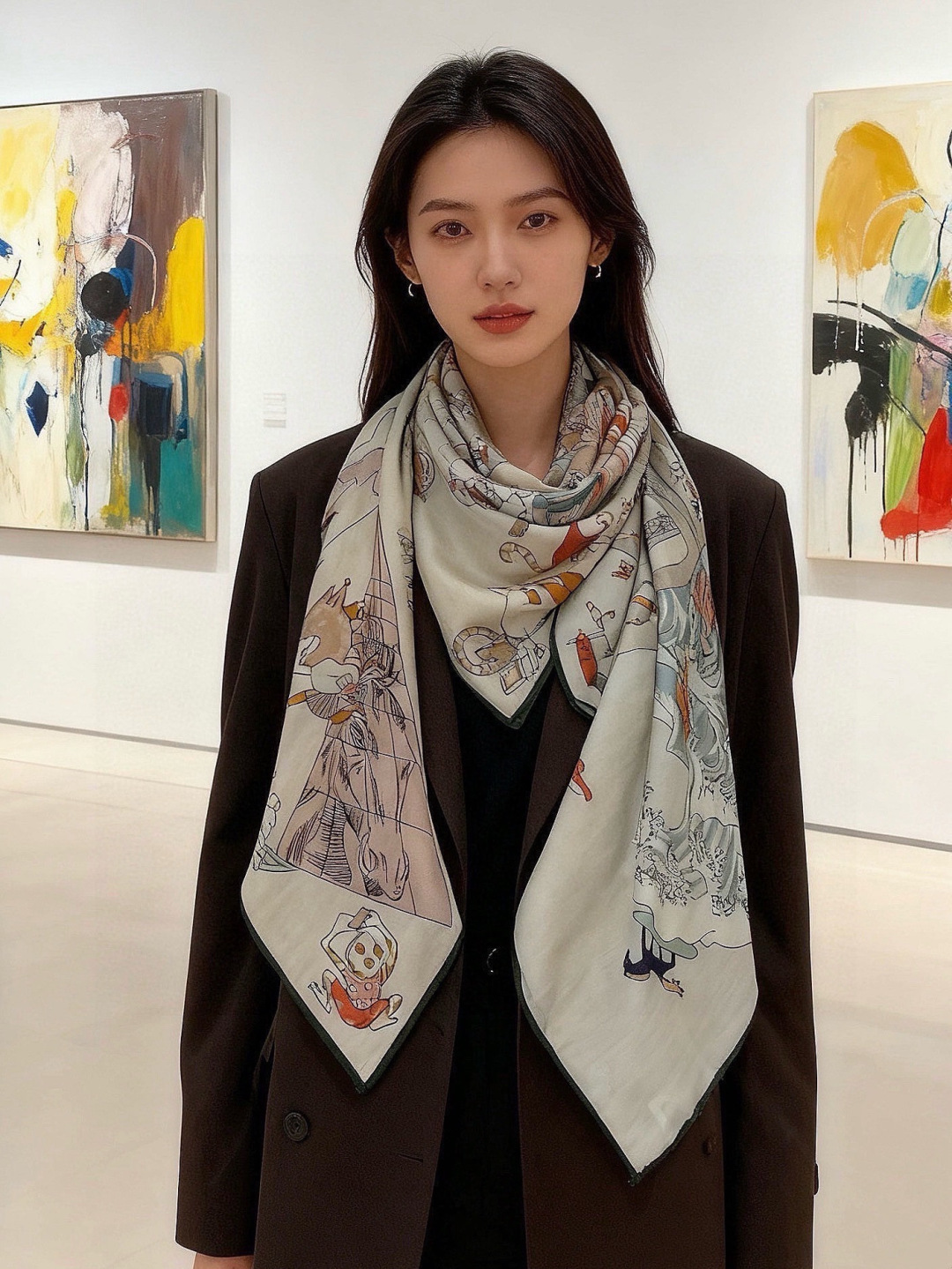 “马术学院”140双面同色丝绒披肩～Hermes 手工卷边丝绒方巾（30%桑蚕丝70%羊绒）这款爱马仕的