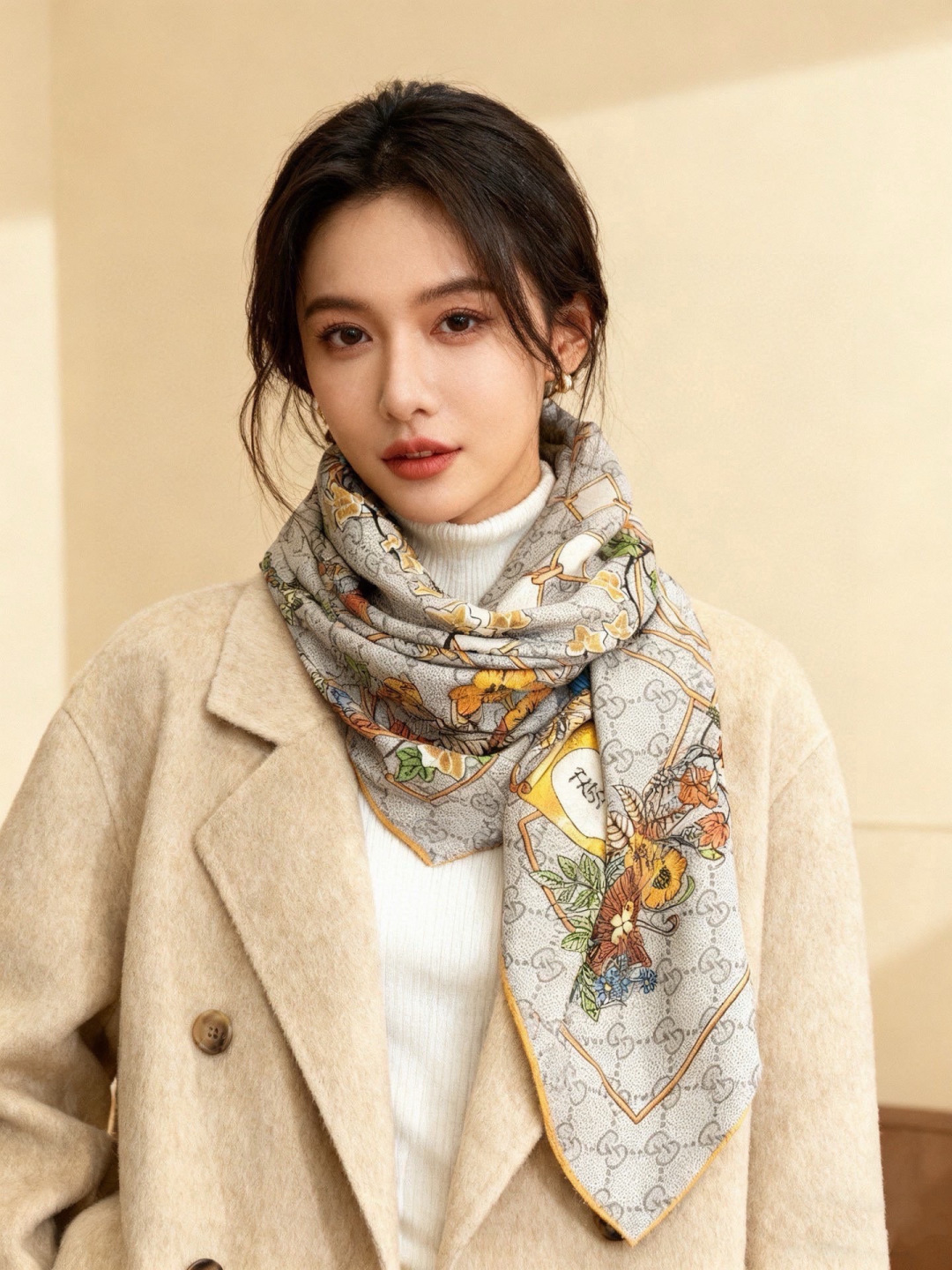 Gucci新款方巾 Gucci动物和花卉印花品牌典藏图案在与全新醒目印花的衬托下熠熠生辉。这款方巾匠心缀