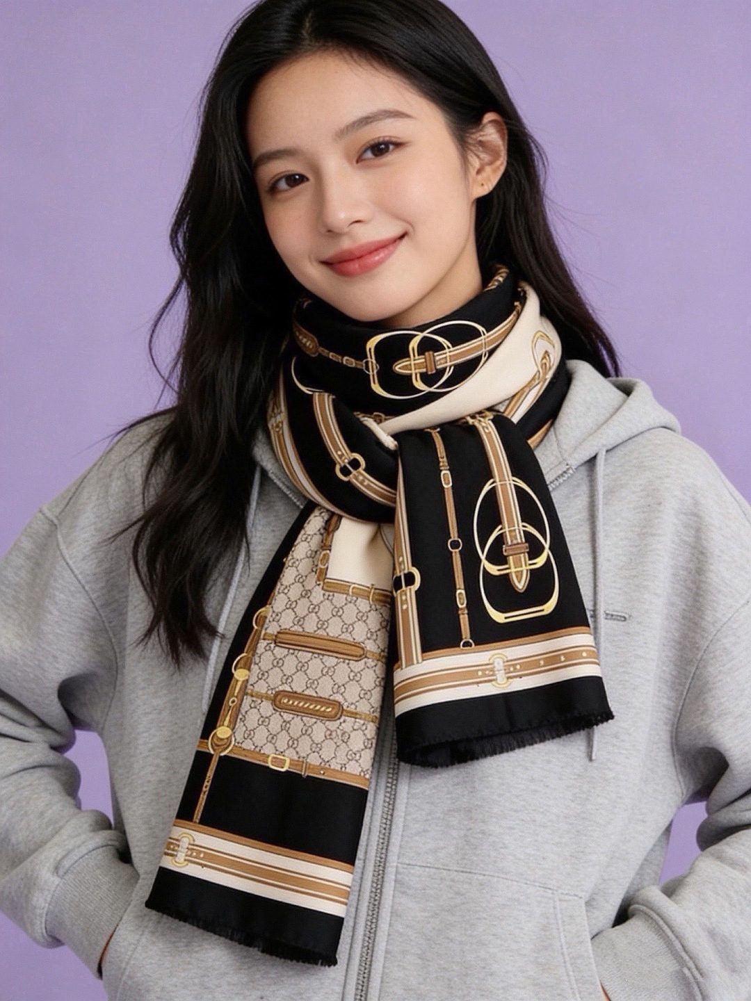 Gucci新款方巾  品牌典藏图案在与全新醒目印花的衬托下熠熠生辉。这款方巾匠心缀饰动物和花卉印花，彰显Gucci从大自