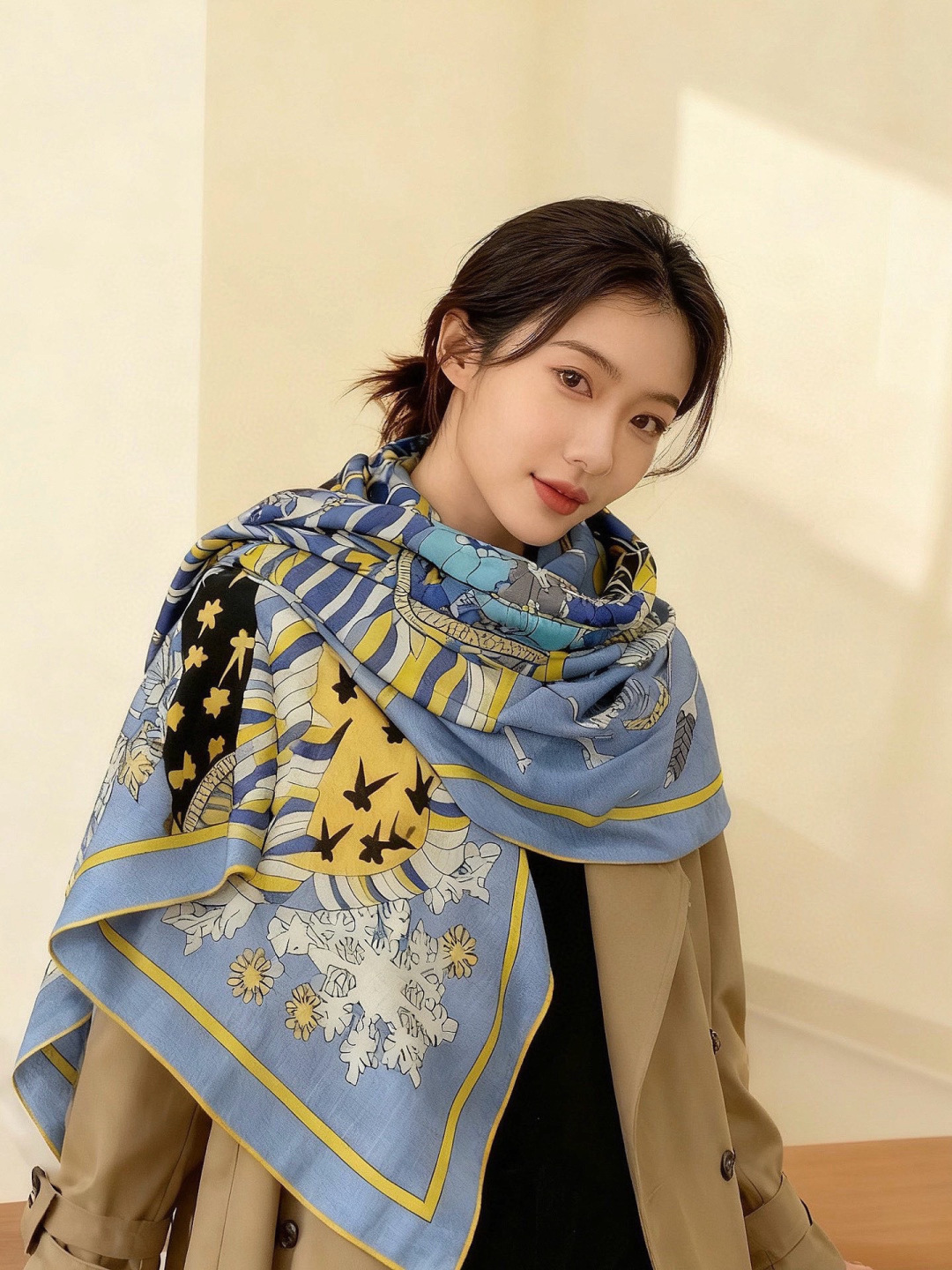 新款爱马仕四季之王的加冕140*140cm，双面同色印花，高端的重磅丝羊绒面料，正反两面效果一样，70%羊绒+30%真丝