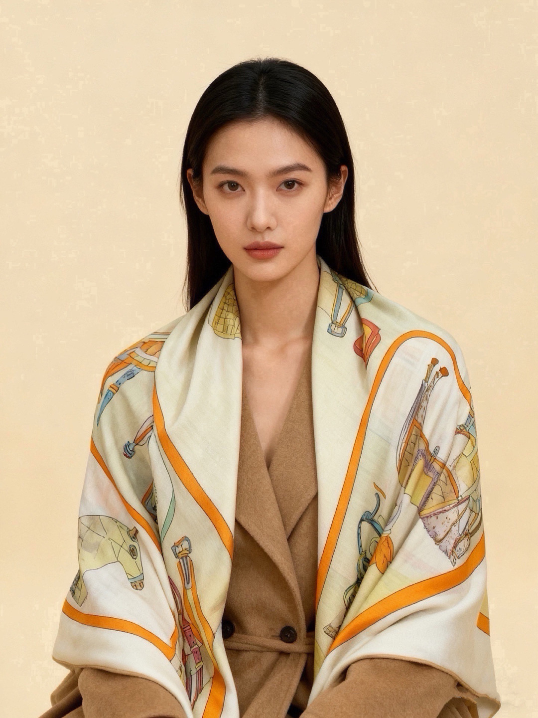 💟Gucci~140双面丝绒披肩 马鞍细节和骑马图案以精致色调匠心呈献，意在向品牌与马术世界的深厚渊源致敬。这款方巾以真