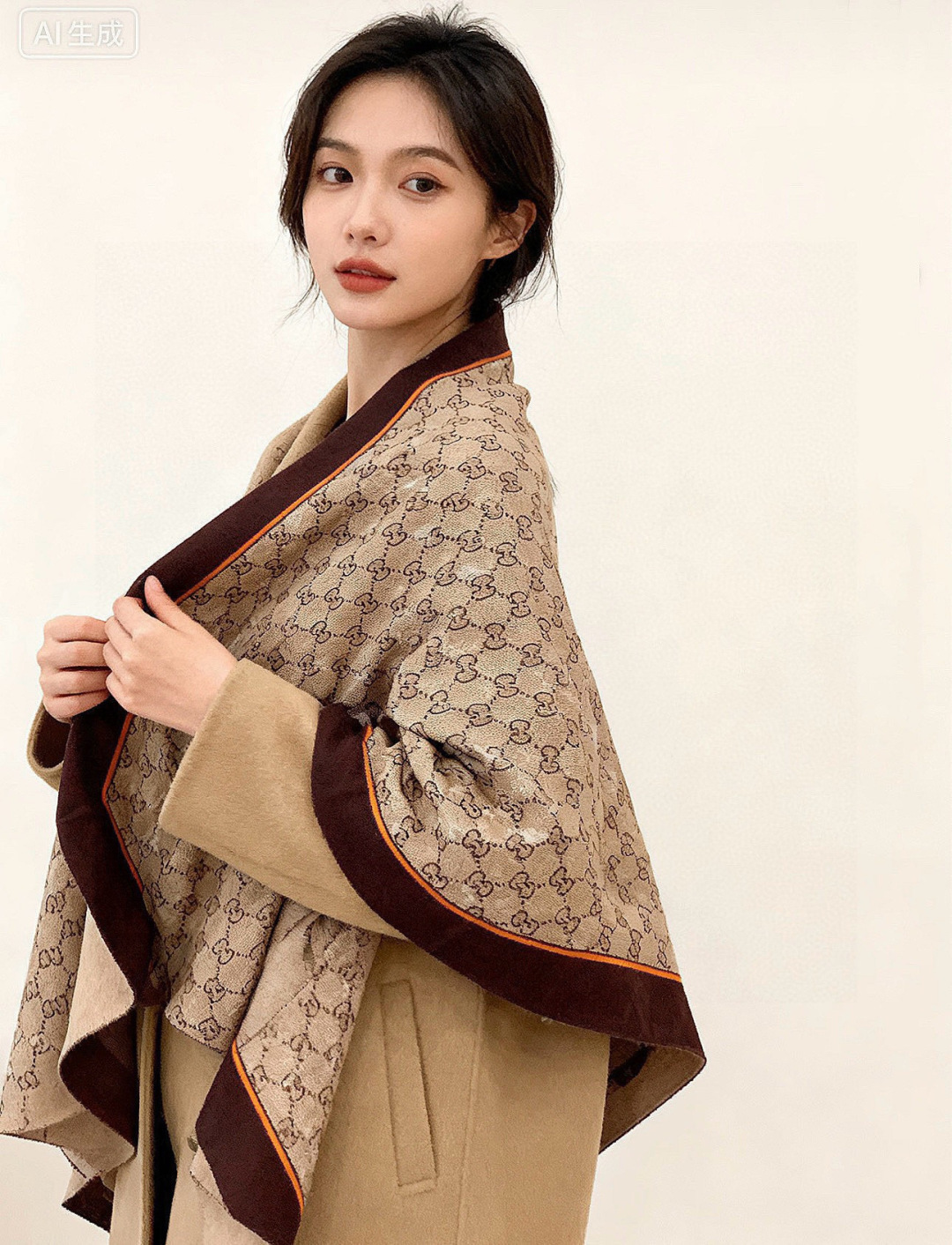 Gucci~140双面丝绒披肩 马衔扣细节和GG图案以精致色调匠心呈献，意在向品牌与马术世界的深厚渊源致敬。这款方巾以真