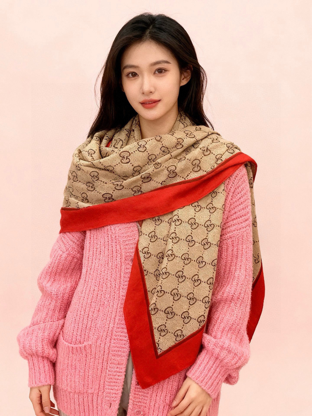 Gucci~140双面丝绒披肩 马衔扣细节和GG图案以精致色调匠心呈献，意在向品牌与马术世界的深厚渊源致敬。这款方巾以真