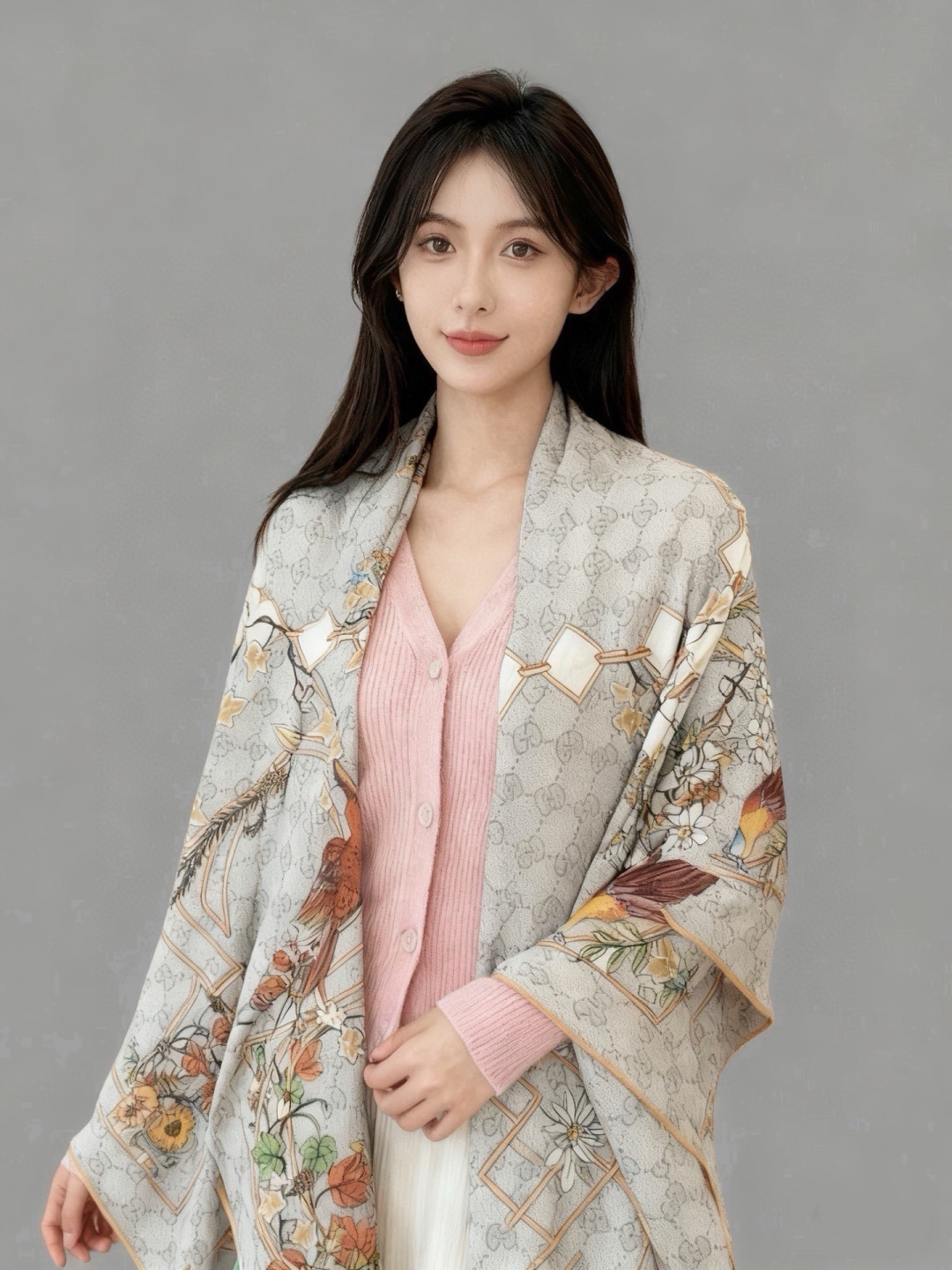 Gucci新款方巾 Gucci动物和花卉印花 品牌典藏图案在与全新醒目印花的衬托下熠熠生辉。这款方巾匠心缀饰动物和花卉印