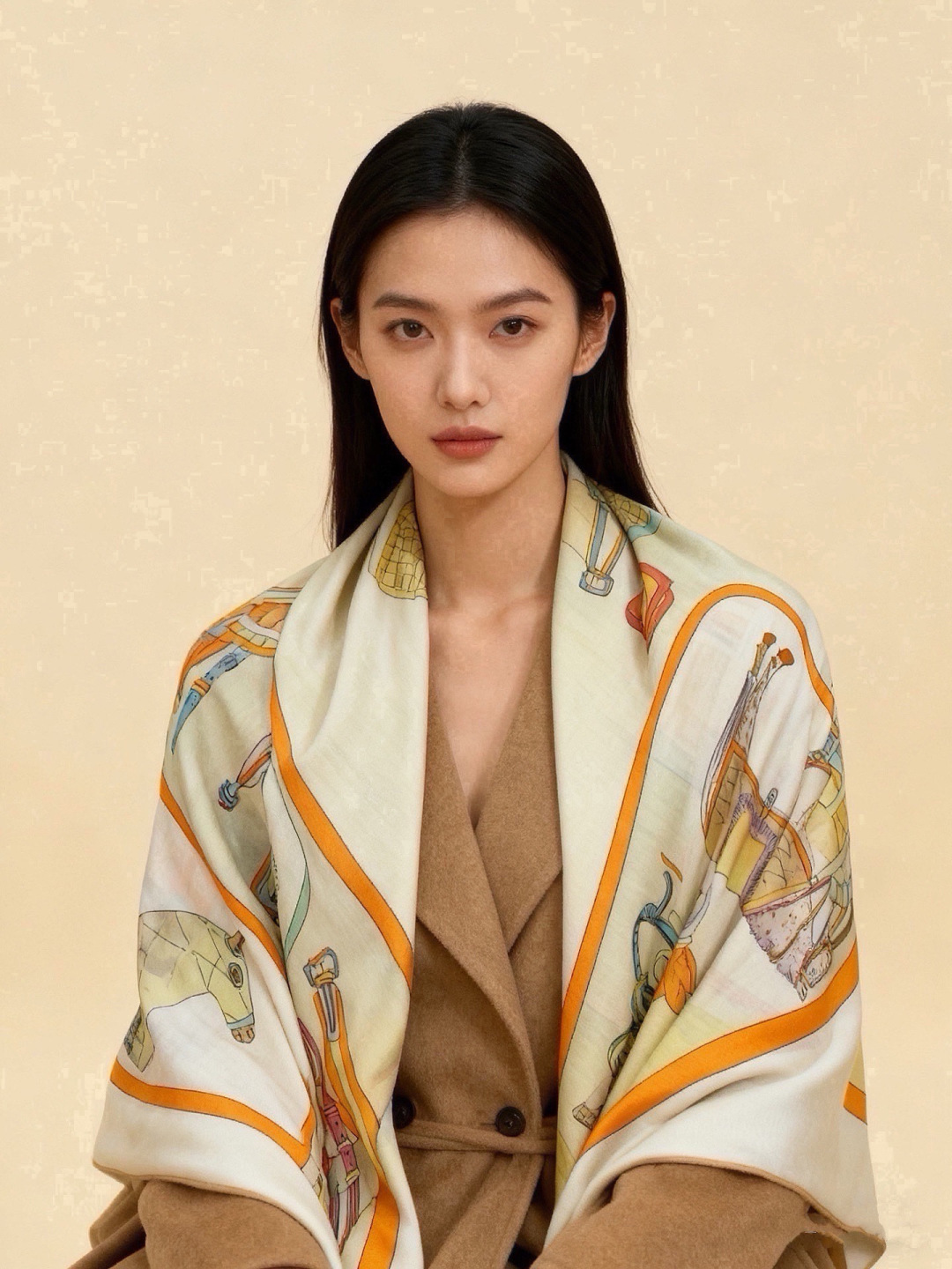 💟Gucci~140双面丝绒披肩 马鞍细节和骑马图案以精致色调匠心呈献，意在向品牌与马术世界的深厚渊源致敬。这款方巾以真