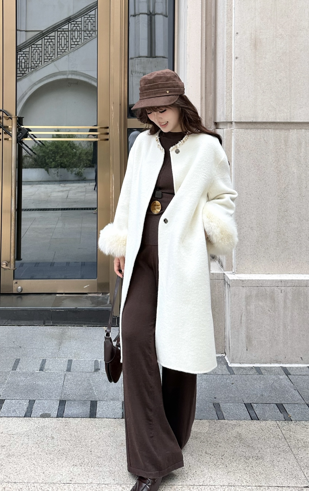 Elegant Women's Wool Coat with Detachable Fox Fur Cuffs and Beaded Detail