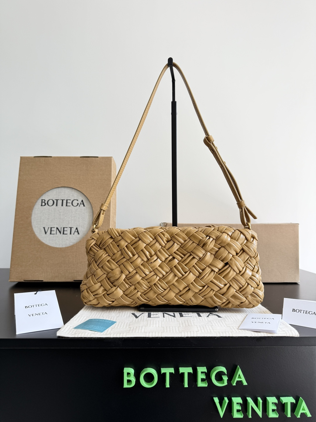 Bottega Veneta Padded Cassette Bag in Almond, Woven Leather Shoulder Bag