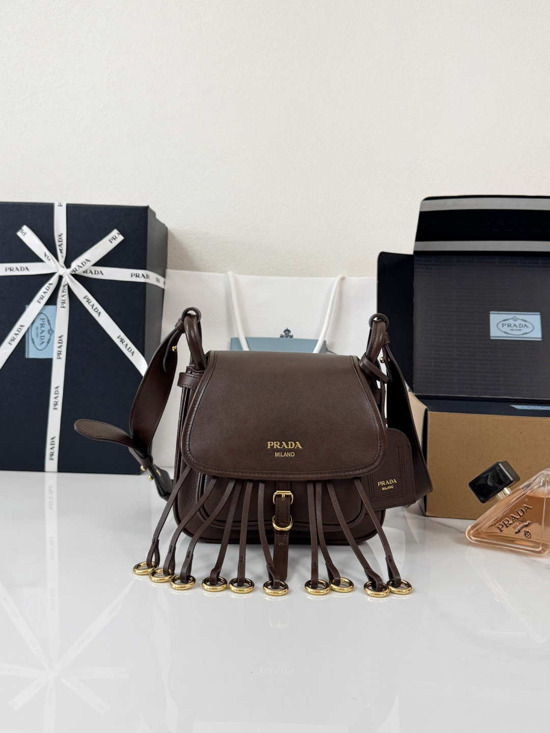 PRADA Corsaire Bag Aged Leather Buckle Closure Tassel