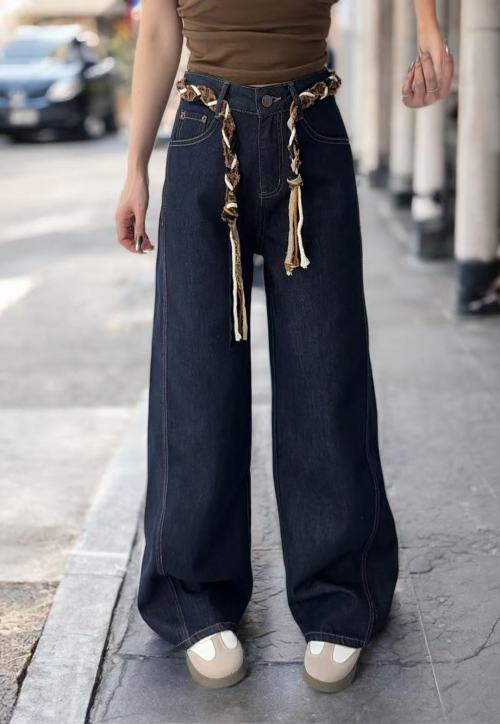 Wide Leg Jeans for Women with Braided Belt, High Waist, Denim Pants 1 Wide Leg Jeans for Women with Braided Belt, High Waist, Denim Pants