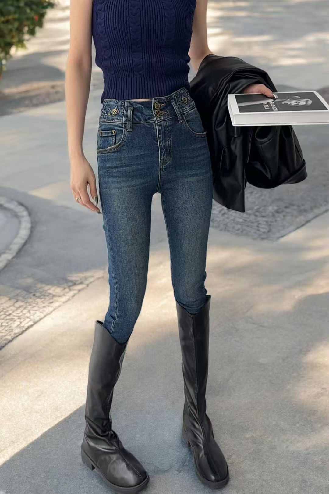 High Waist Skinny Jeans with Double Button and Slim Fit Denim Pants