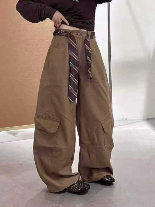 Wide Leg Cargo Pants with Waist Tie - High Waist, Khaki and Navy Colors 1 Wide Leg Cargo Pants with Waist Tie - High Waist, Khaki and Navy Colors