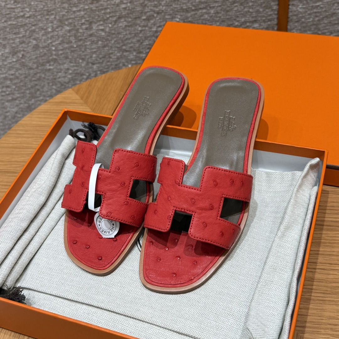HERMES 🐦 Oran Sandales Sandales à une bride Femme Mi-saison Mode Classique Peau d'autruche Cuir rare