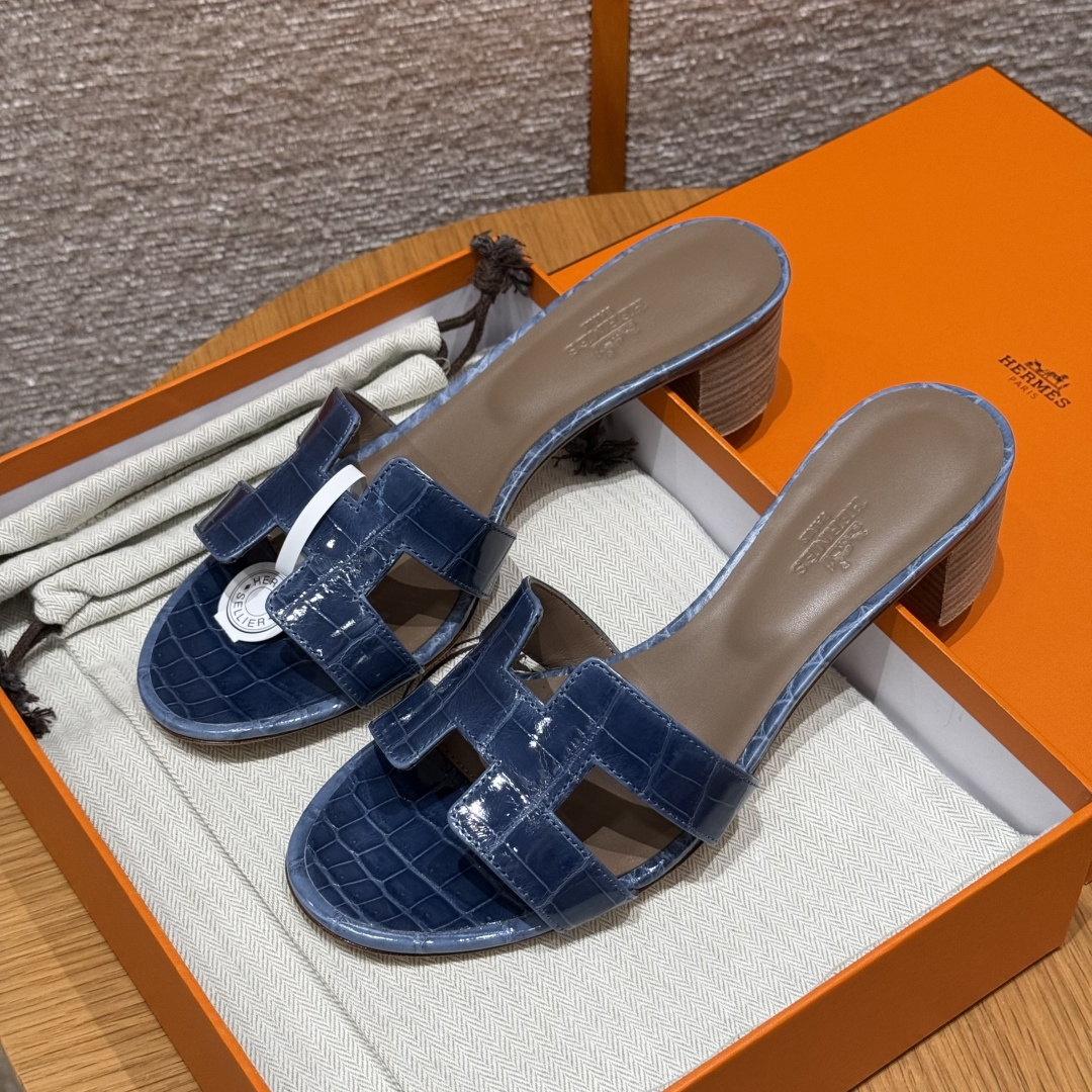 HERMES Crocodile Oasis Epsom Sandales Sandales à une bride Femme Printemps-Automne Mode Classique Peau de Crocodile Cuir Rare