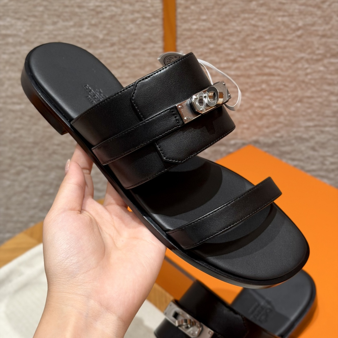 HERMES sandales noir cuir de veau semelle en cuir véritable plat