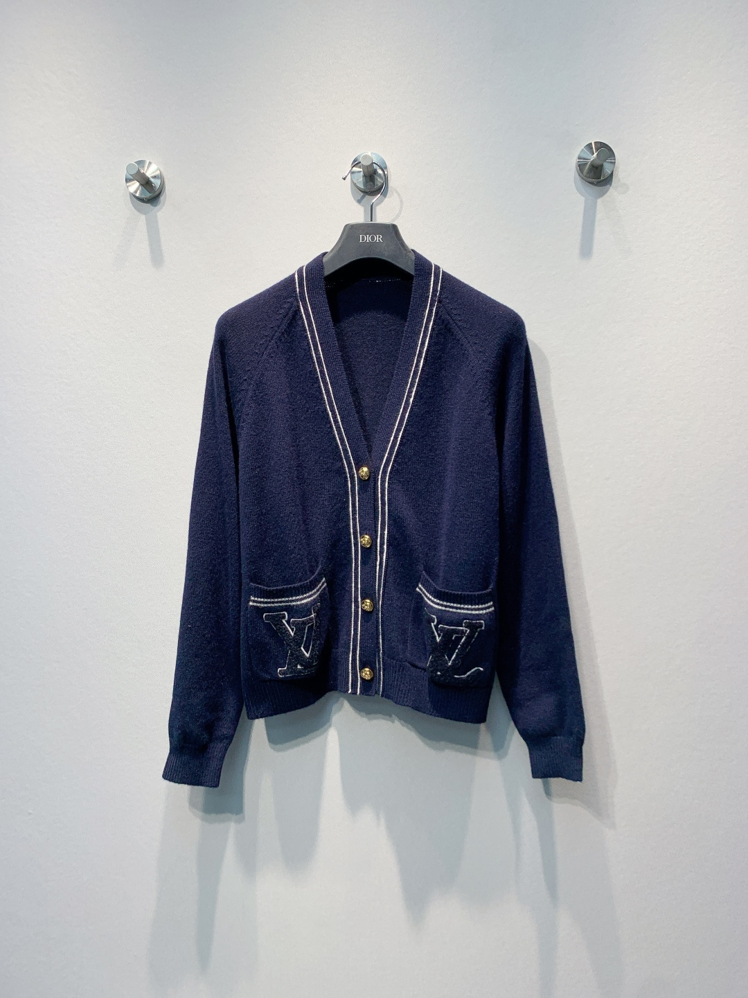 LV Navy Blue Contrast Piping Wool Knit Cardigan