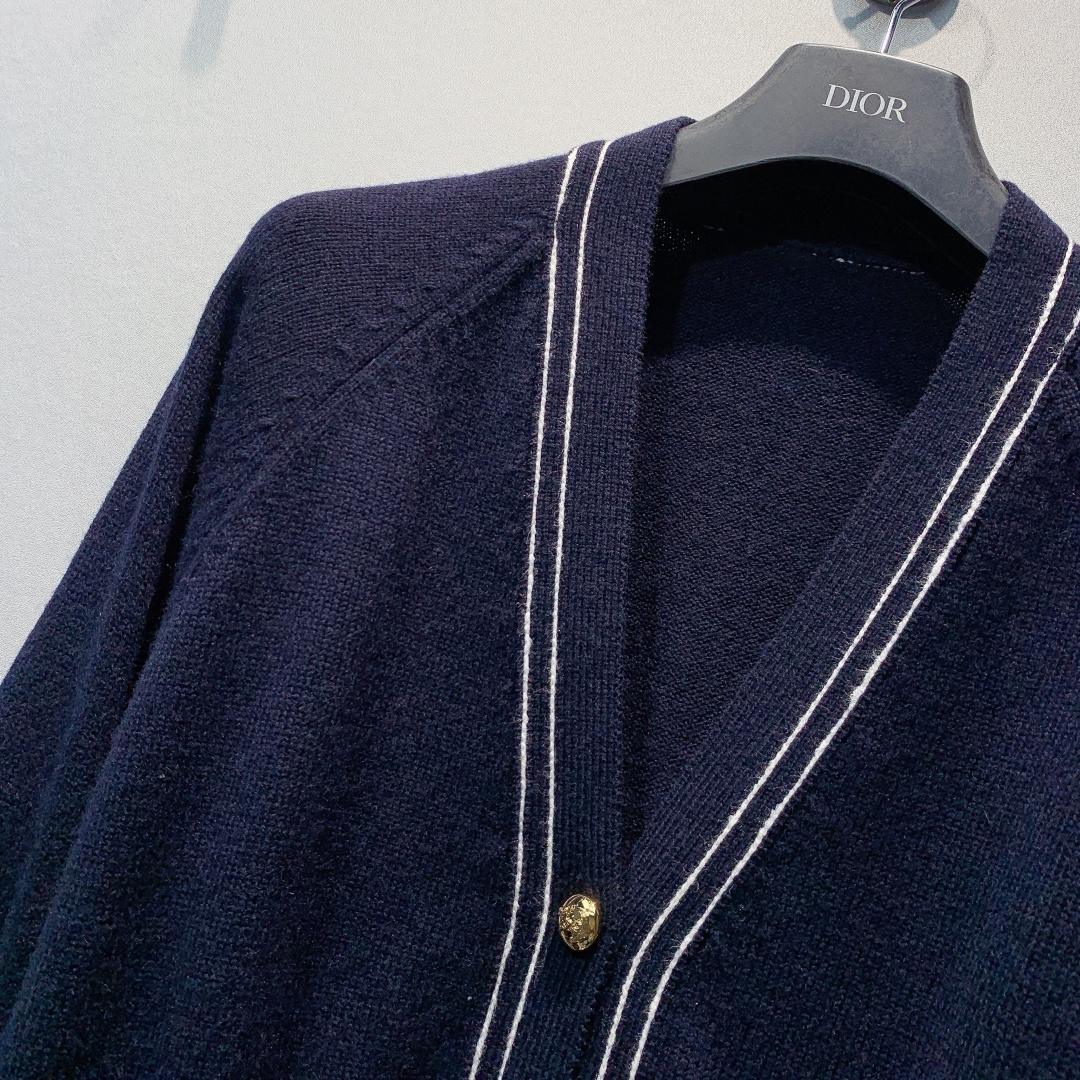 LV Navy Blue Contrast Piping Wool Knit Cardigan