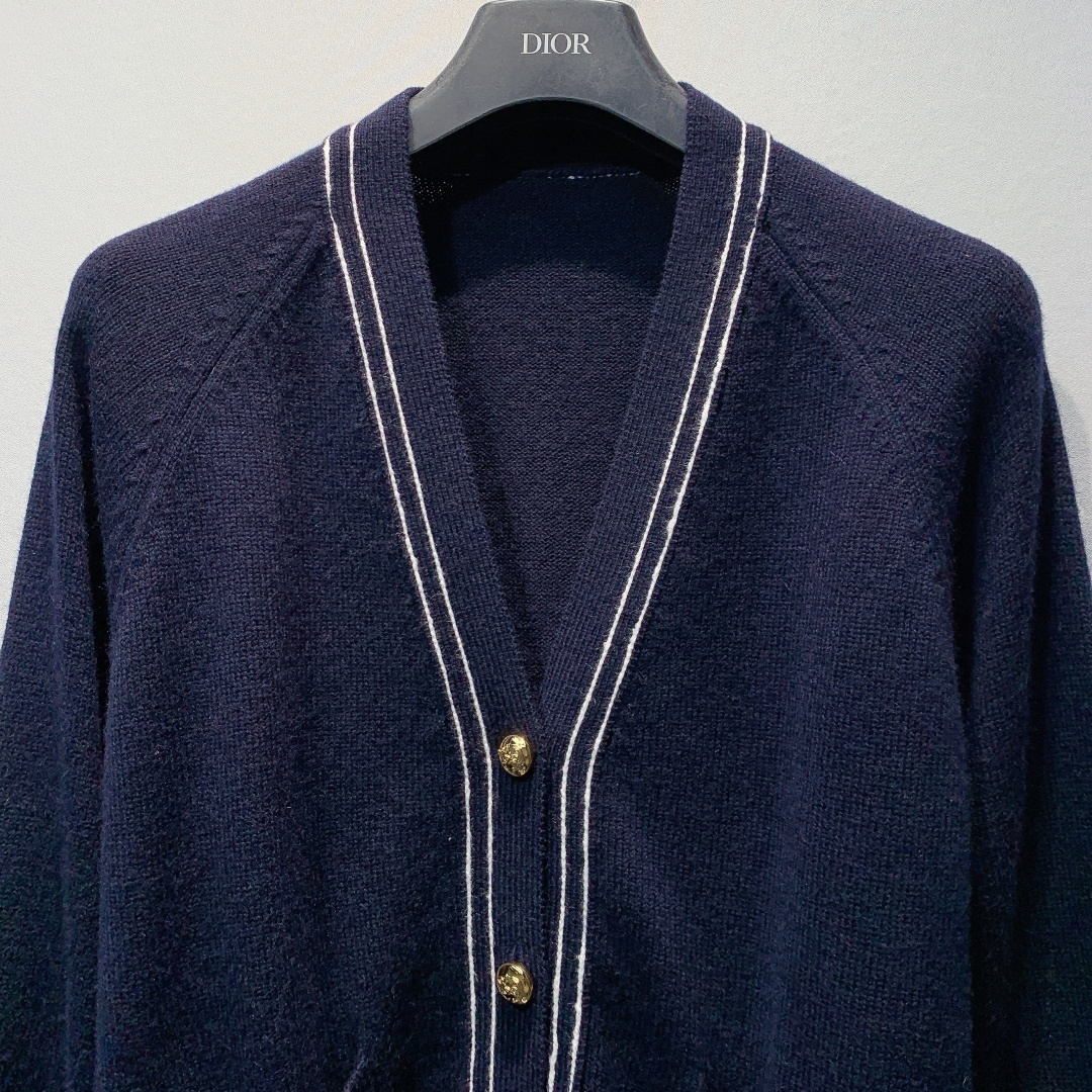 LV Navy Blue Contrast Piping Wool Knit Cardigan