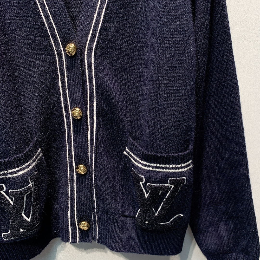 LV Navy Blue Contrast Piping Wool Knit Cardigan