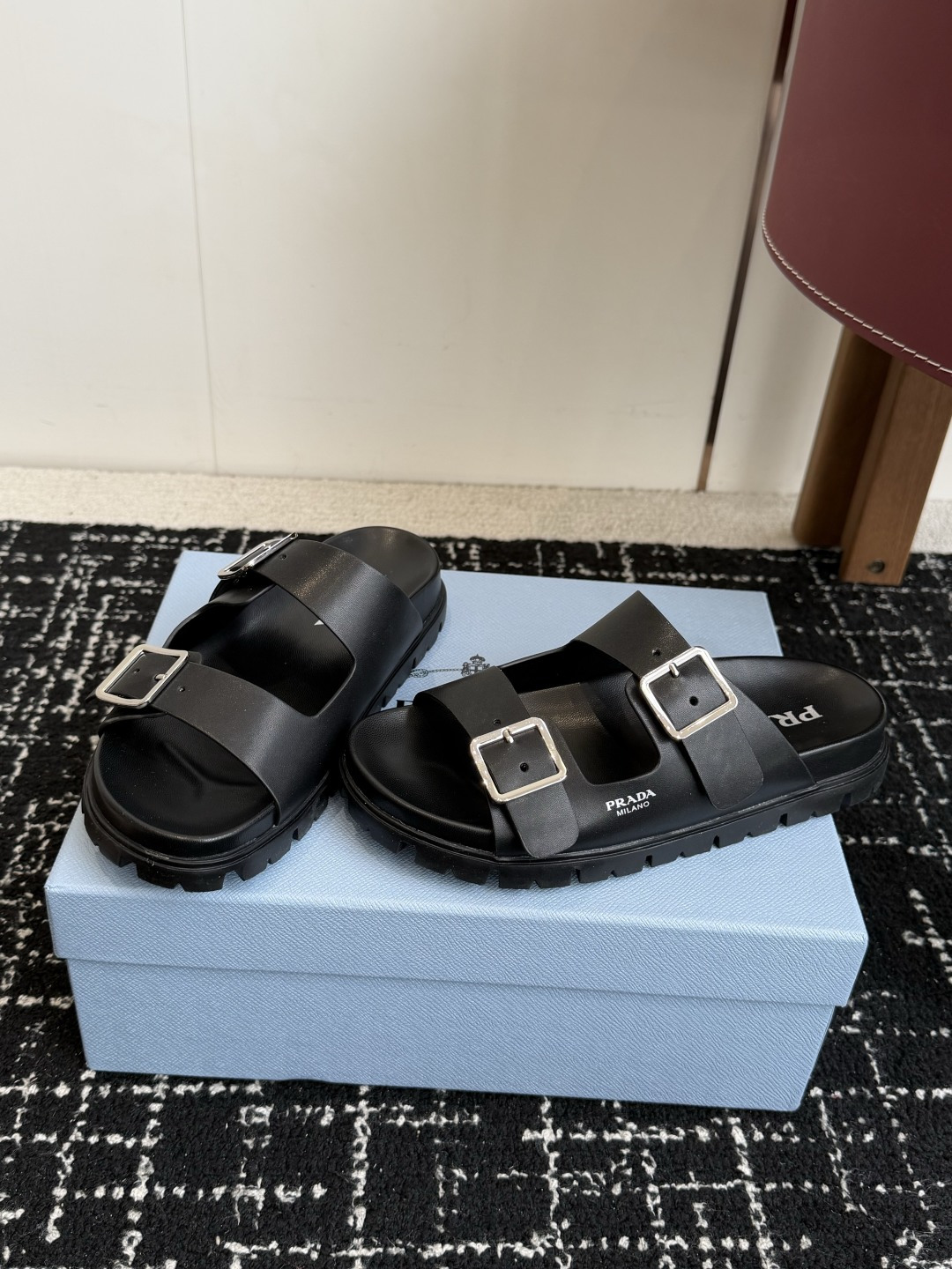 Prada Double Buckle Platform Slides