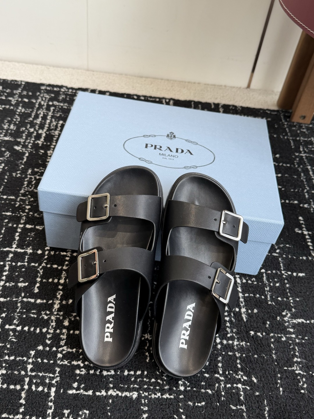 Prada Double Buckle Platform Slides