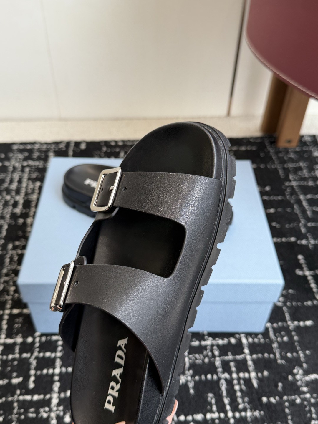 Prada Double Buckle Platform Slides