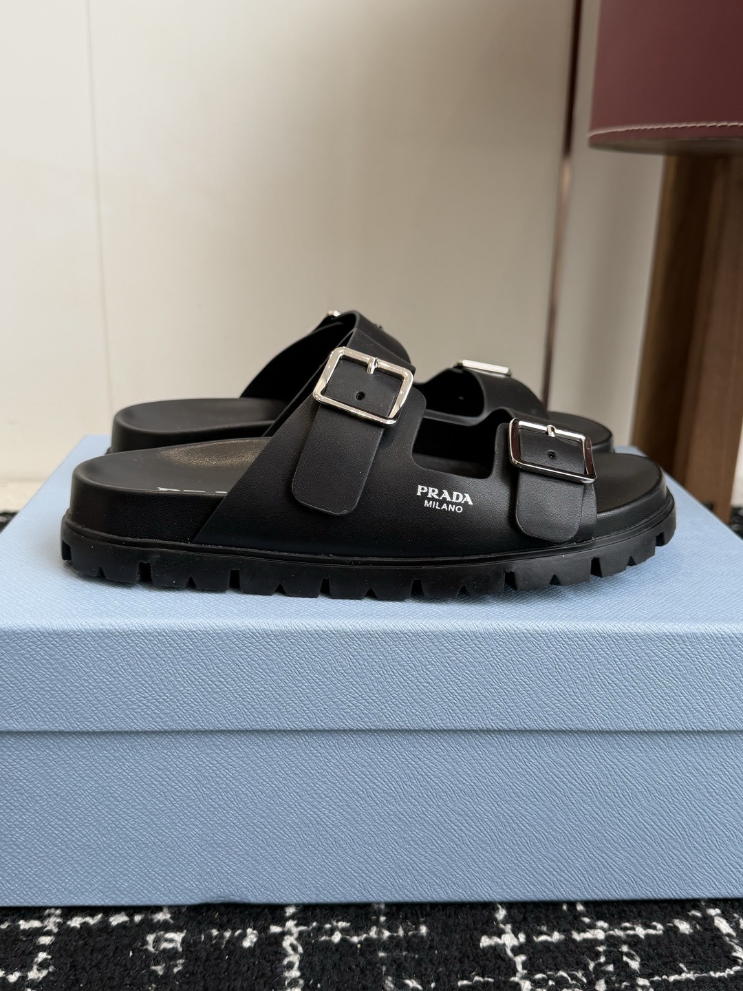 Prada Double Buckle Platform Slides