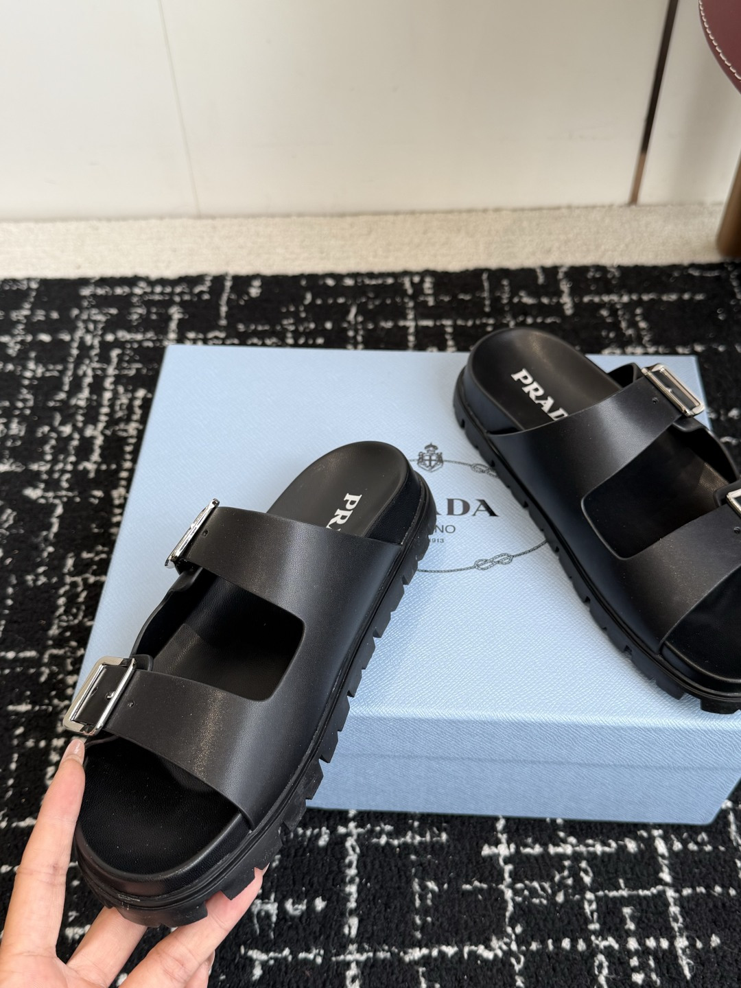 Prada Double Buckle Platform Slides
