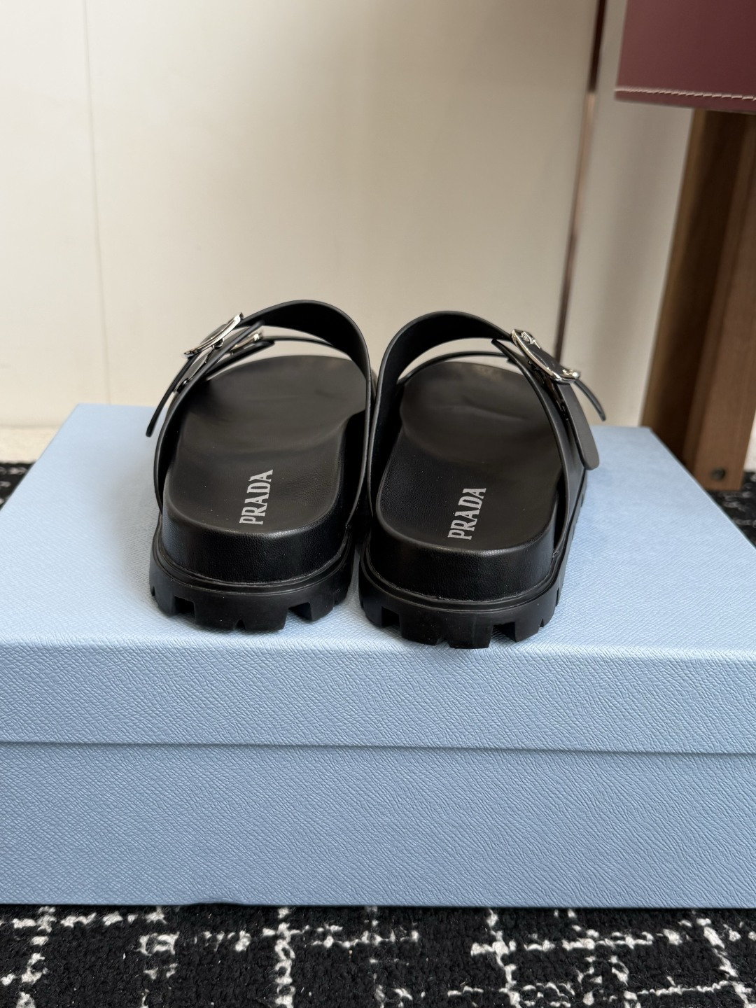 Prada Double Buckle Platform Slides