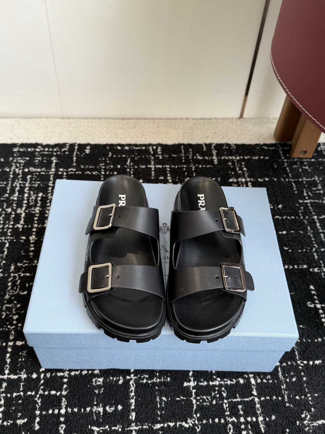 Prada Double Buckle Platform Slides