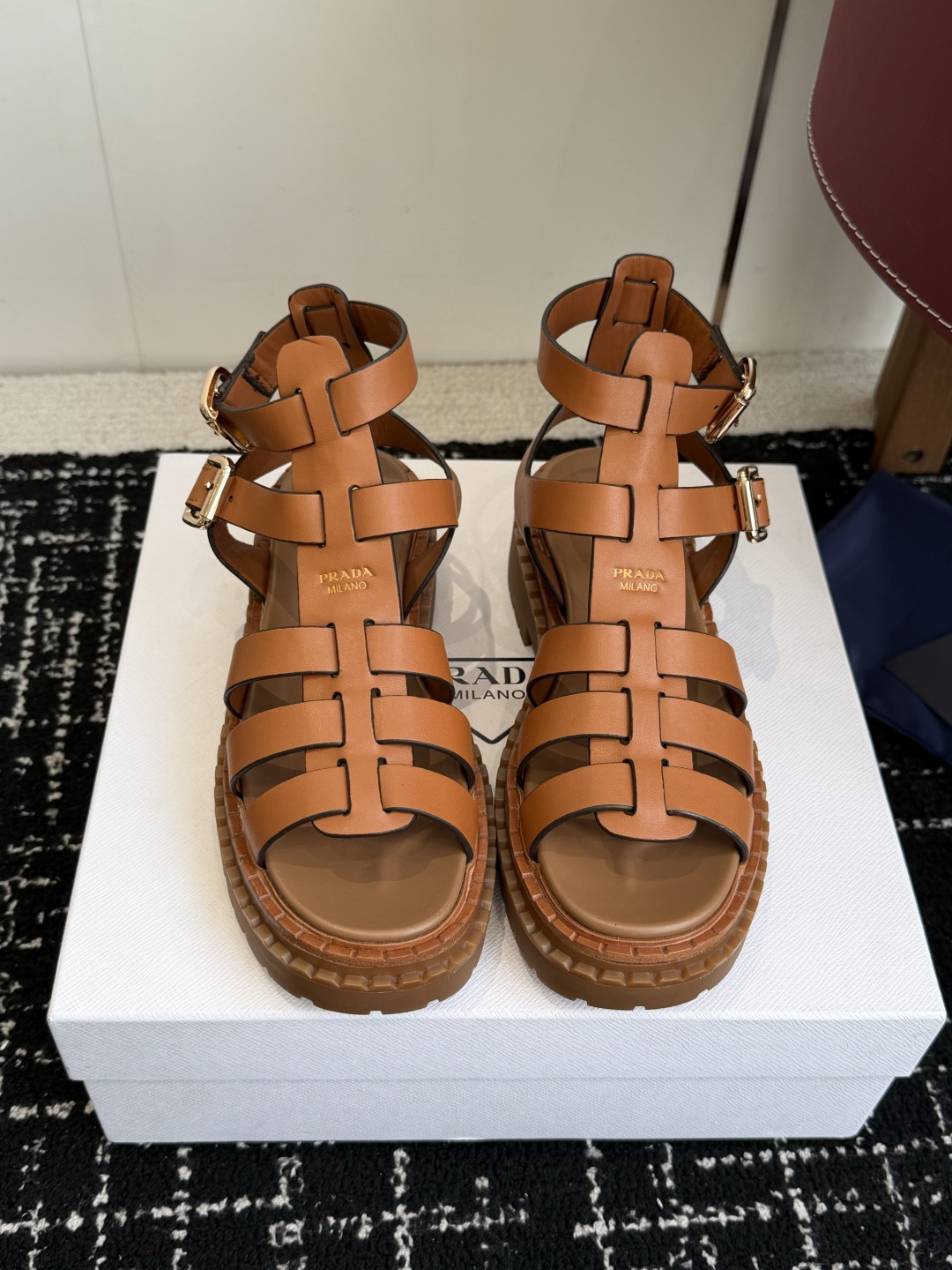 Prada Woven Cage Platform Roman Sandals