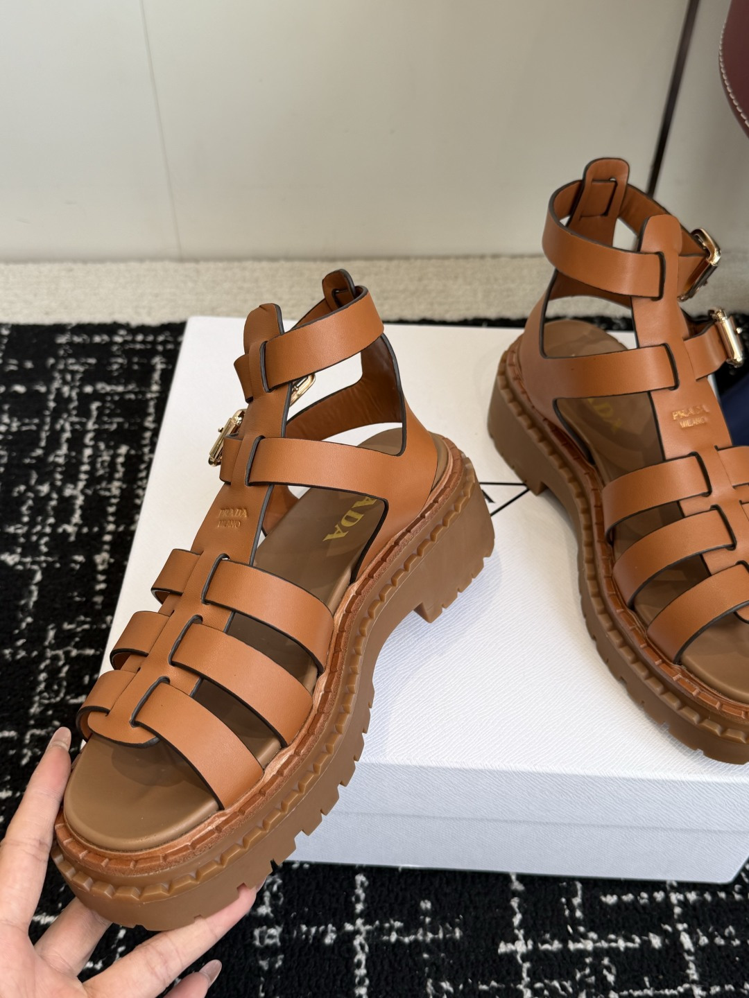 Prada Woven Cage Platform Roman Sandals