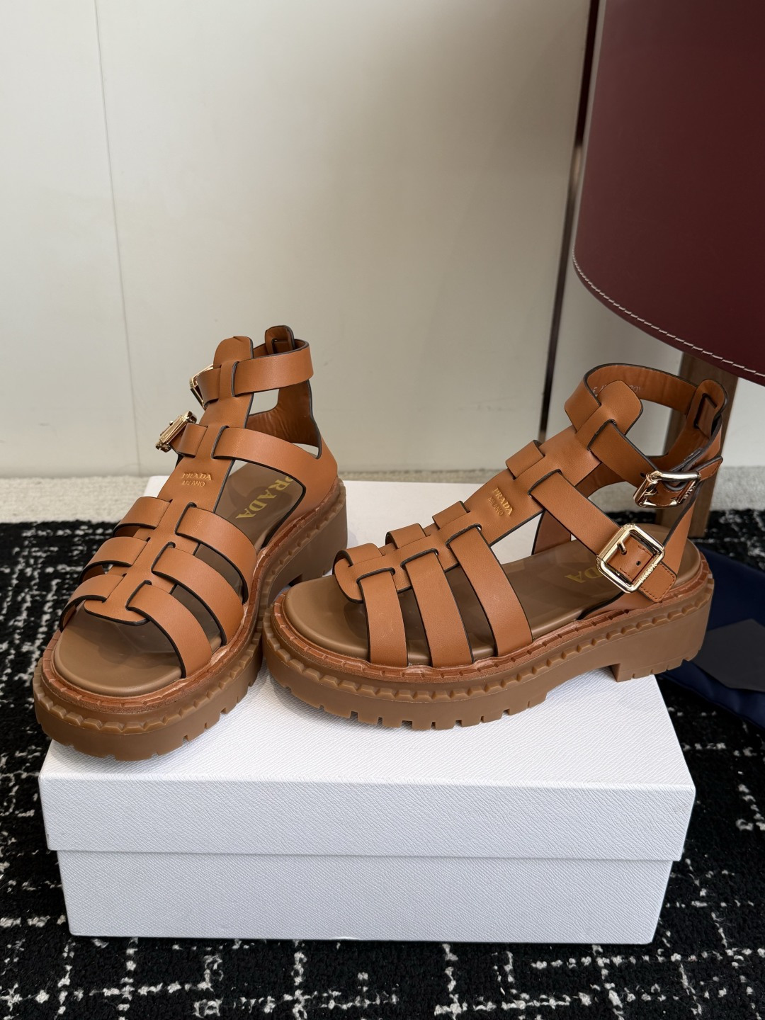 Prada Woven Cage Platform Roman Sandals