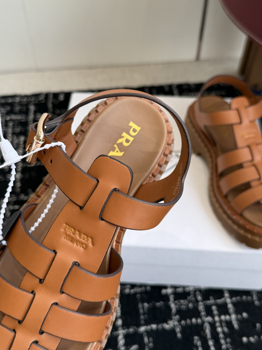 Prada Woven Cage Back Strap Platform Sandals
