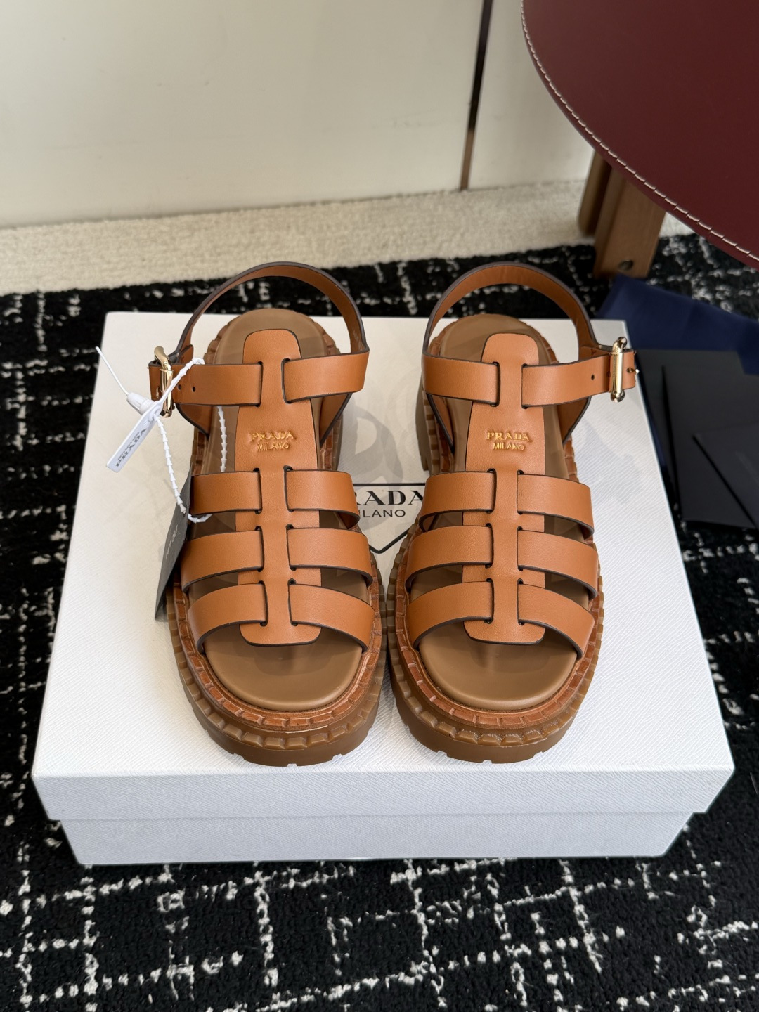 Prada Woven Cage Back Strap Platform Sandals