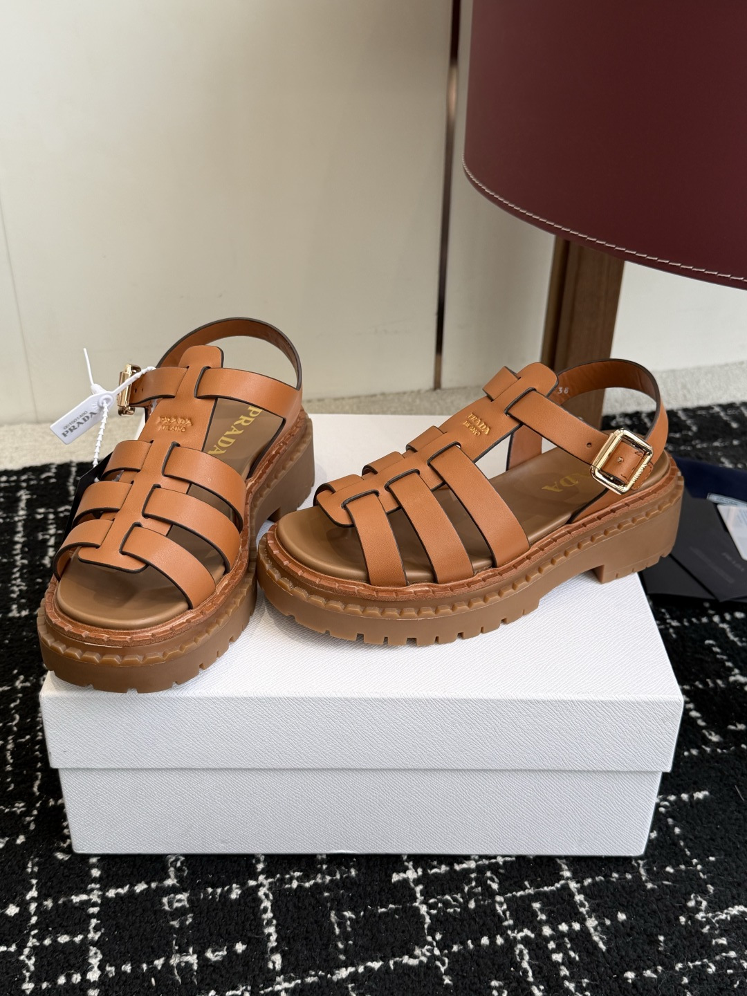 Prada Woven Cage Back Strap Platform Sandals