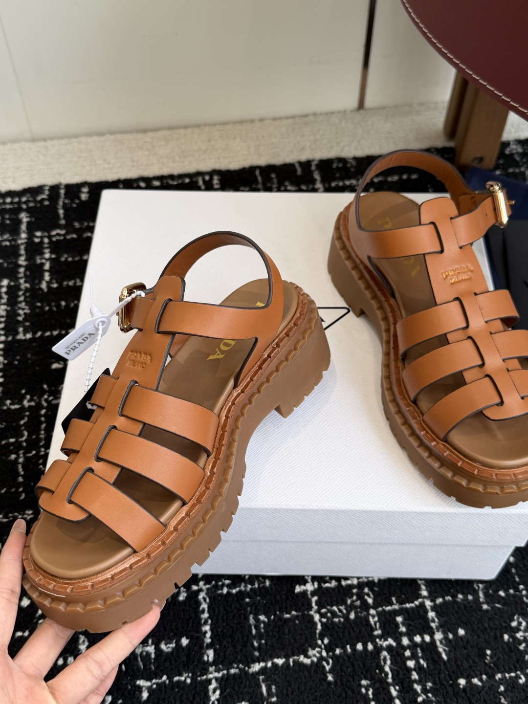 Prada Woven Cage Back Strap Platform Sandals