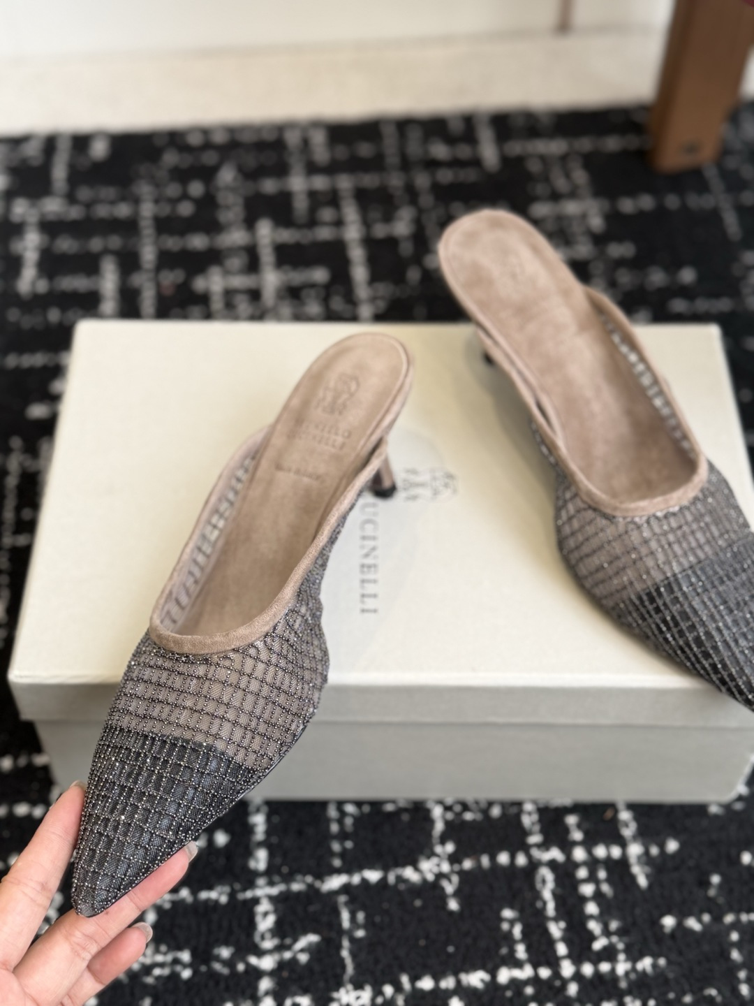 代购级Brunello Cucinelli 26ss女士镶珠装饰休闲穆勒拖鞋凉鞋 BC新款新品女士条纹麂