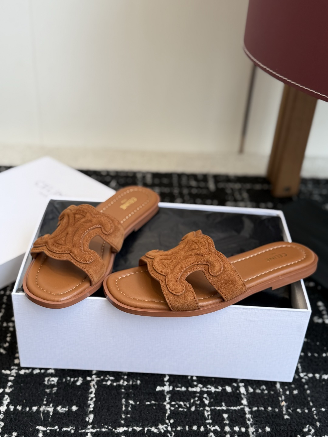 Celine Tan Suede Triomphe Slide Sandals