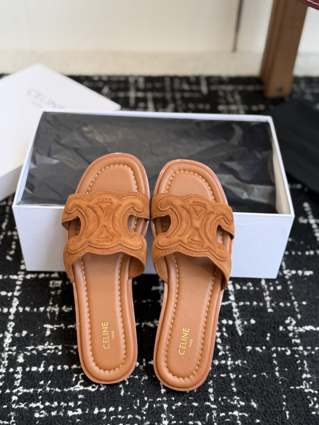 Celine Tan Suede Triomphe Slide Sandals