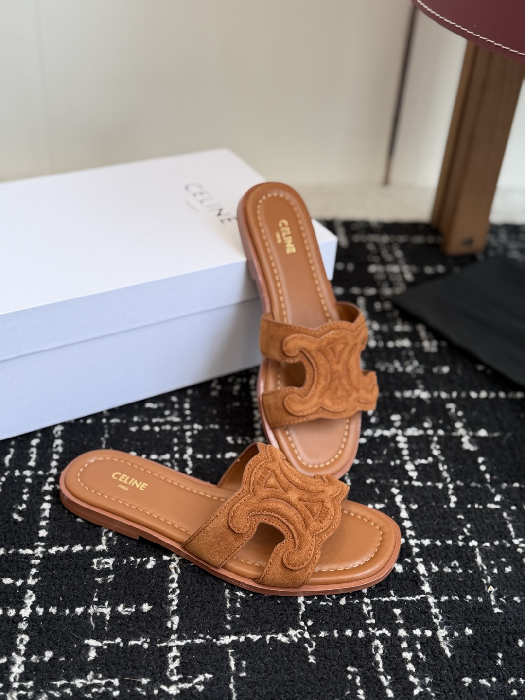 Celine Tan Suede Triomphe Slide Sandals