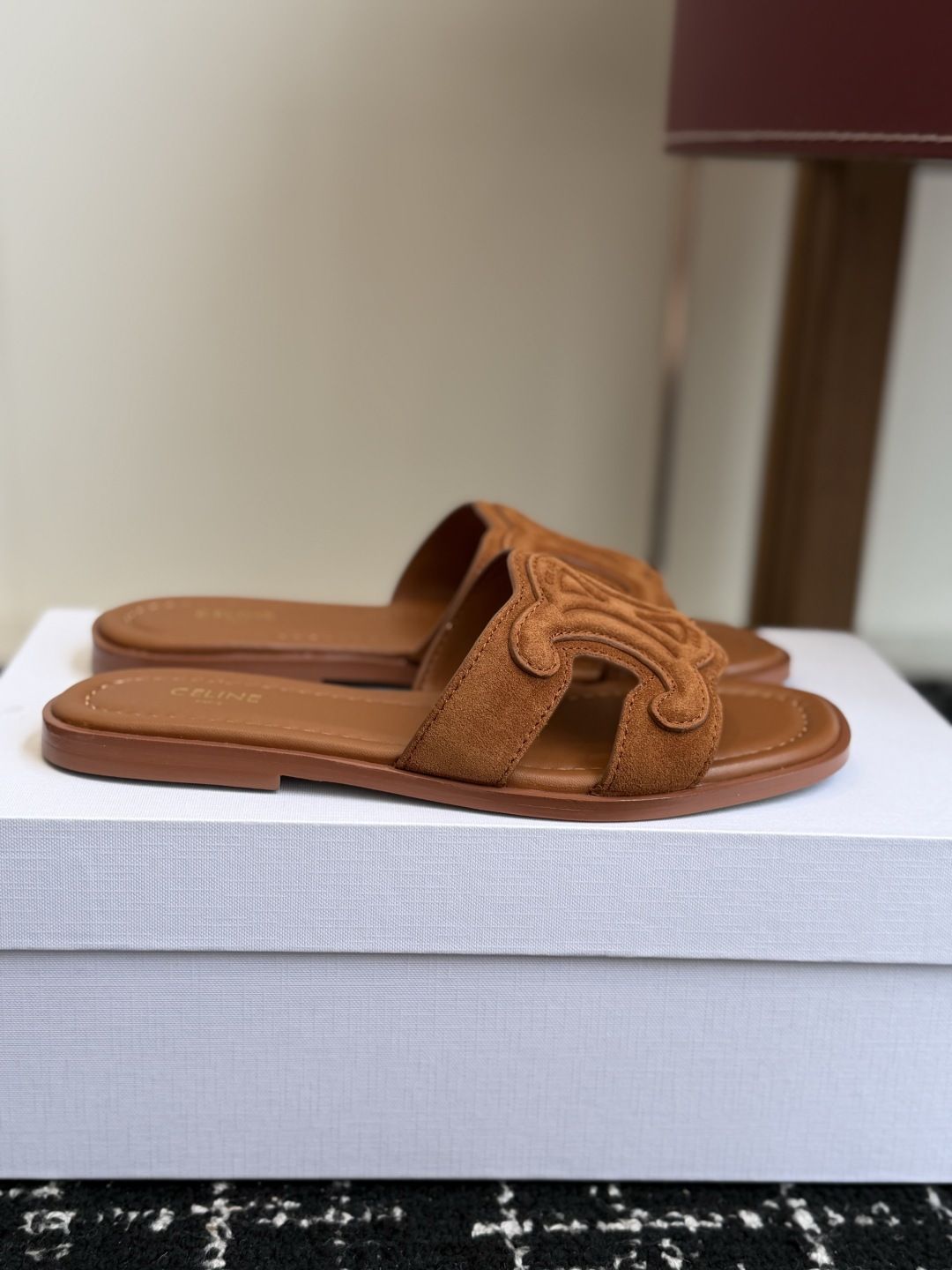 Celine Tan Suede Triomphe Slide Sandals