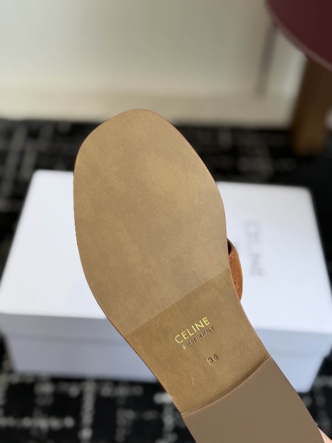 Celine Tan Suede Triomphe Slide Sandals