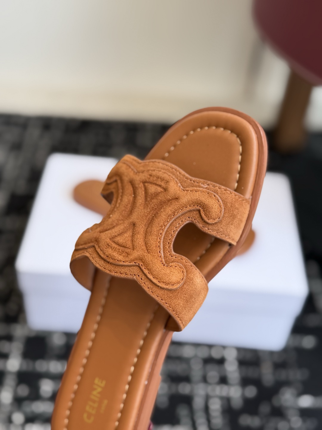 Celine Tan Suede Triomphe Slide Sandals