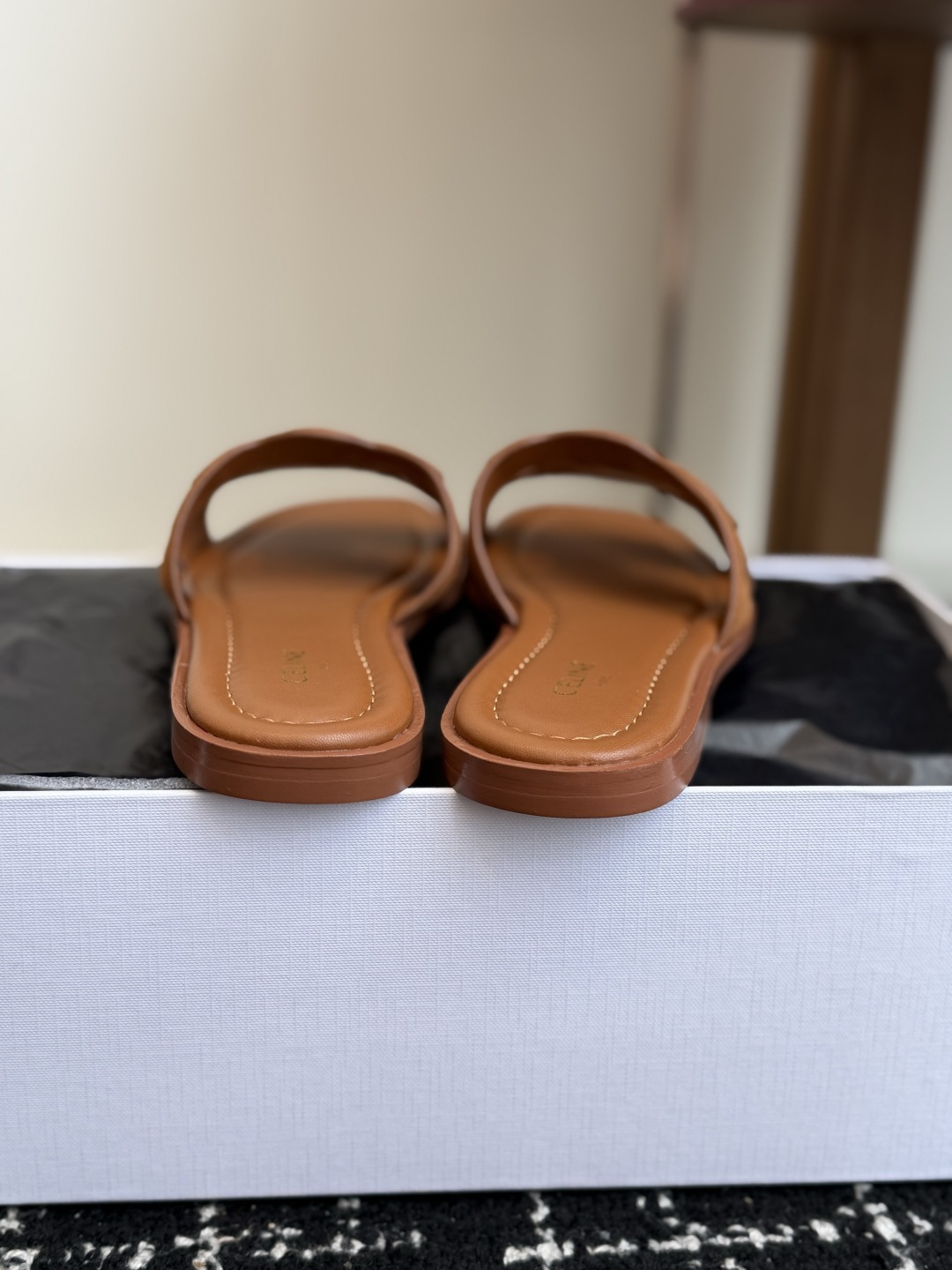 Celine Tan Suede Triomphe Slide Sandals
