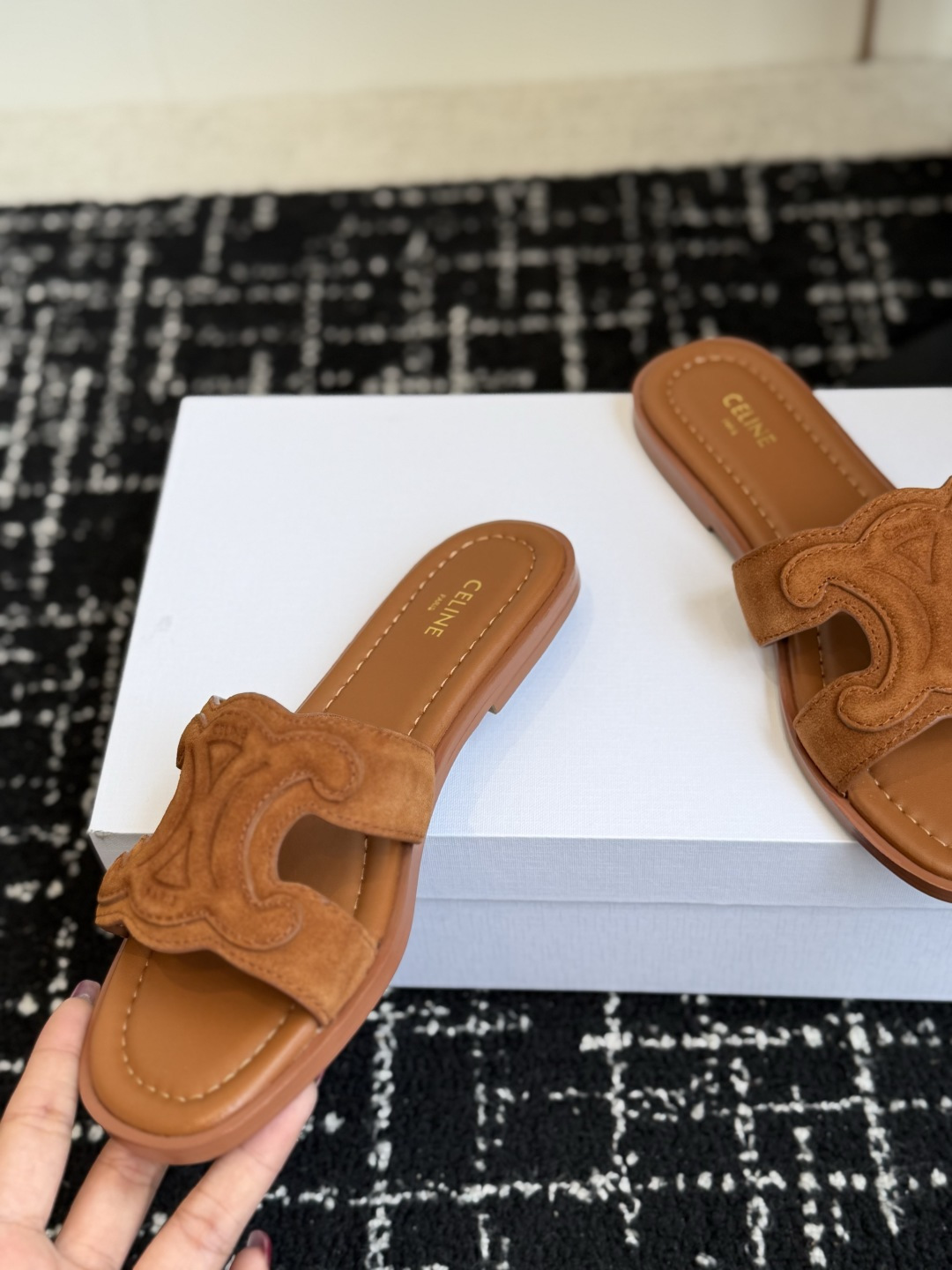 Celine Tan Suede Triomphe Slide Sandals