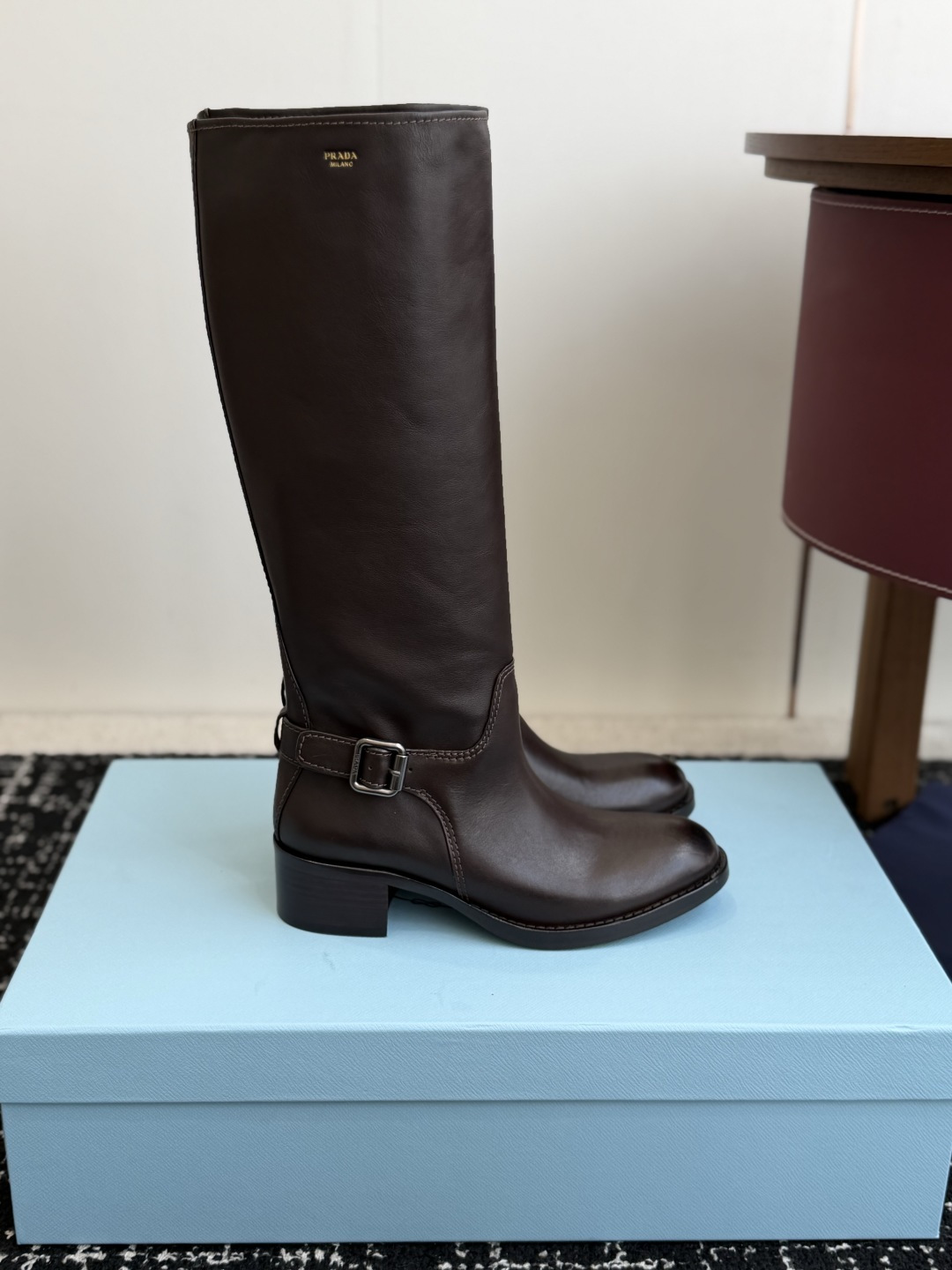 Prada Brown Buckle Knee High Boots