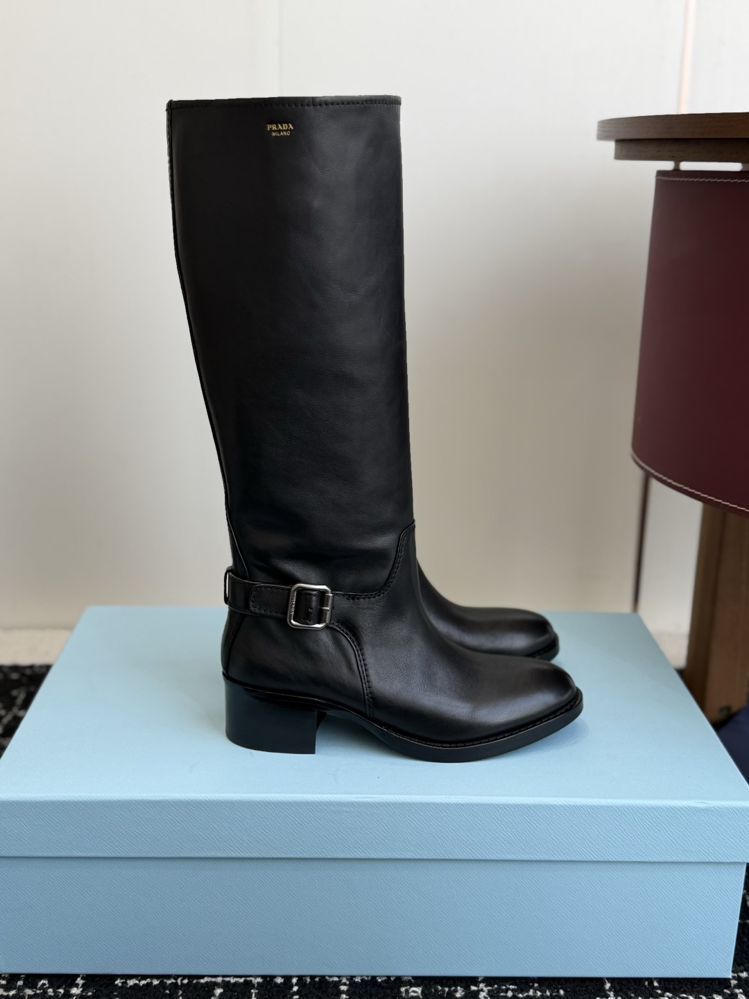 Prada Black Buckle Knee High Boots